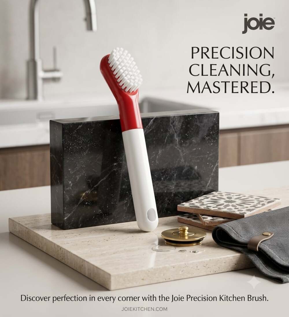 Joie Precision Kitchen Brush — Small Grout & Sink Cleaning Tool, Red/White